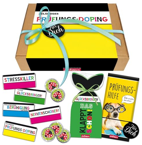 Prüfung Geschenk Geschenkbox Glücksbringer Stresskiller Geschenkset STEINBECK Schokolade süß Viel Glück Mitgebsel Abitur Nervenschoner Klausuren Führerschein Geschenkkorb