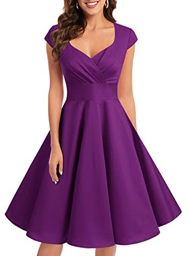 Bbonlinedress Robe Femme de Soirée Cocktail Vintage Femme Chic Courte pour Mariage Invité Gala Fête Témoin Anniversaire Col Carré Grape 2XL