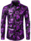PARKLEES Chemise de luxe pour homme, imprimé élégant, coupe ajustée, boutonnée Motif cachemire doré brillant, noir/violet, M