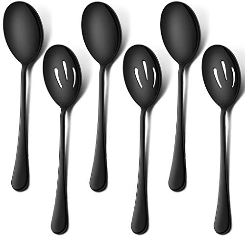 LIANYU 6-Piece Black Serving Spoons, Black Slotted Serving Spoons, Stainless Steel Serving Utensils for Party Buffet Restaurant Banquet Dinner Catering, 8 3/4 Inch, Dishwasher Safe