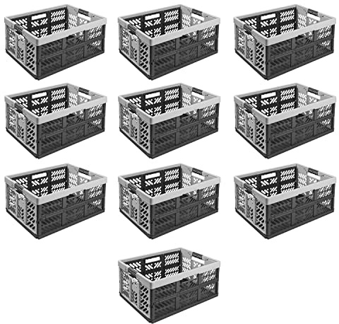 10x Stabile Profi Klappbox 45L - 54 x 37 x 28 cm - Einkaufskiste klappbar mit Soft-griffe - Transportkiste stapelbar, Hellgrau