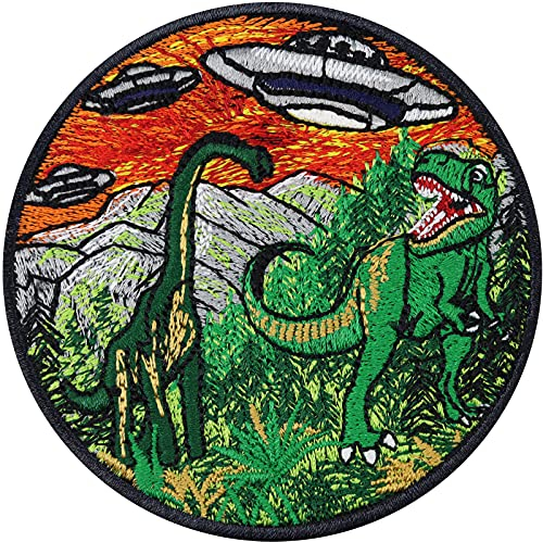 Aufnäher Dinosaurier und Alien | UFO Patch Sichtung Attacke JURASSIC World Park & Außerirdische Raumschiffe Bügelbild Dinos Applikation zum annähen | Brachiosaurus Tyrannosaurus REX 80x80mm