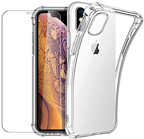 New&Teck hülle für iPhone X/XS + Hartglas-Displayschutzfolie, Durchsichtig Case Transparent Silikon TPU Schutzhülle Premium 9H Gehärtetes Glas für iPhone X/XS
