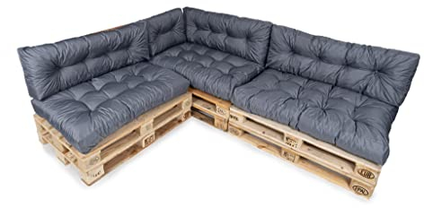 TexDeko® Garden Palettenkissen 120x80x18cm wasserabweisend UV - beständig In- & Outdoor Premium Sitzkissen gesteppt Palettenauflage für Europaletten (7-TLG Set, Grau)