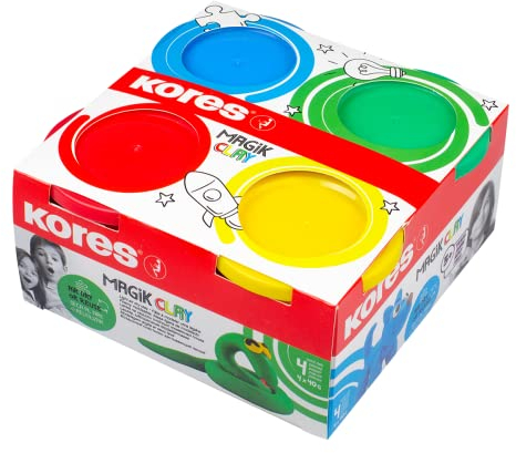 Kores - Magik Clay: Knetmasse zum Lufttrocknen für Kinder, Sanftes und Leichtes Modellieren, Geruchlos und Ungiftig, Set aus 4 Farben x 40g, gelb, rot, grün, blau, 34241