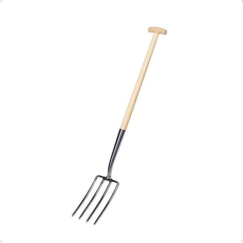 Rekord Grabegabel (Edelstahl) mit 4 Zinken und 76 cm T-Stiel aus Eschenholz, Arbeitsbreite 18 cm, mit Schwanenhals, ideal um den Boden aufzulockern und umzugraben