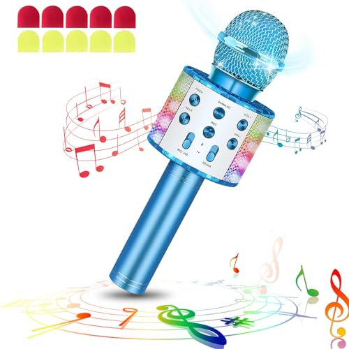 laqula Wireless Bluetooth Karaoke Microphone with Led Lights Portable Handheld Singing Karaoke Speaker Machine Toys for Kids Adults (Blue, w/10 Disposable Microphone Covers)