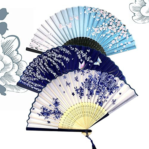 Faltbare Fächer Handfächer,3PCSChinesischen Stil Hand Fächer Mit Quasten,Damen Herren Bambus Fächer,Blaues und weißes Porzellan Chinesischen Stil Hand Fächer Hochzeit Mit Quasten für Wanddekoration