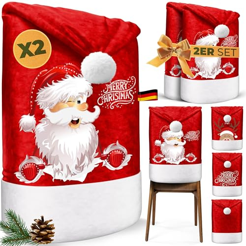 KESSER® Premium Weihnachtsstuhlüberzug 2er Set Stuhlhussen für Weihnachten Nikolausmütze Stuhlbezug Husse Weihnachtsdeko für Stühle Überzieher - Stuhlabdeckung im weihnachtlichen Design