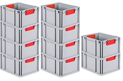 PROREGAL SuperSparSet 10x Eurobox NextGen Color | HxBxT 22x30x40cm | 20 Liter | Griffe rot geschlossen | Glatter Boden | Eurobehälter, Transportbox, Transportbehälter, Stapelbehälter