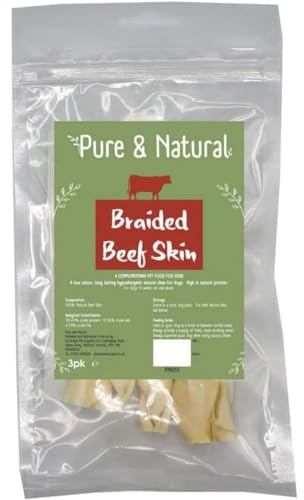 Pure & Natural Braided Beef Skin Chews for Dogs - Hypoallergenic & Long Lasting Dog Chews, Beef Strips and Chew Sticks for Dogs - Pack of 3