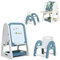 COSTWAY 2 in 1 Kinder Staffelei & Kindersitzgruppe mit Bücherregal, Kindertisch & -Stuhl mit Aufbewahrungsablage und klappbarer Tischplatte, Standtafel mit Malzubehör (Blau)