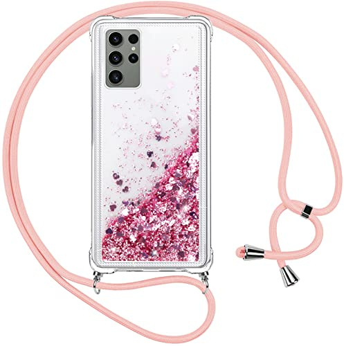 Vauki handyband Glitzer Handyhülle für Samsung Galaxy S23 Ultra Flüssig Treibsand Cover mit Band Necklace Weich Transparent Silikon TPU Schutzhülle mit Kordel zum Umhängen für Samsung S23 Ultra