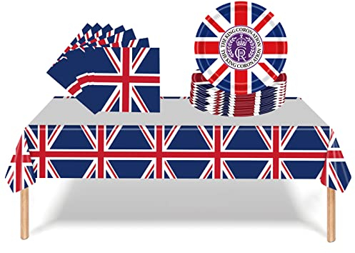 Aisszhao 1P Tablecloth 20P Paper Napkins and 16P Plates for Kings Coronation Party,Union Jack Tableware Set Charles III Coronation Tableware for Great Britain Patriotic Picks Royal Party Supplies