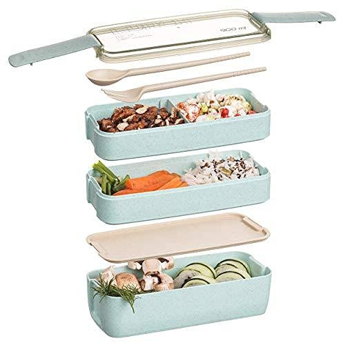 Bento Box,lunchbox mit fächern,Bento Box für Erwachsene Kinder,3Schicht Brotdose 900ml Lunchbox mit 3Fächern Besteck,Lagige Vesperdose für Erwachsene Kinder Brotbüchse zum Schule Arbeit Picknick-Grün