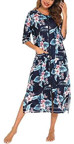 Veseacky Causal House Dress Women O Neck Duster House Coat Zipper Front Sleepdrss Navy Flower XL…