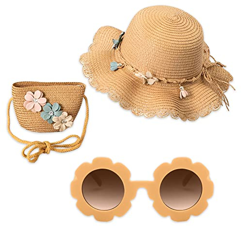 Sombrero de Paja Trenzado Niñas, Anti UV Gorra Sol ala Ancha, con Bolso Trenzado y Gafas de Sol, Sombrero de Visera Flores, para Verano Viaje Beach Piscina al Aire Libre (Amarillo)