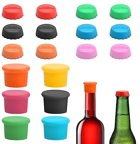 Lot de 18 bouchons de bouteille multicolores en silicone réutilisables - 100 % sans BPA - Pour bière, jus et bouteilles en verre