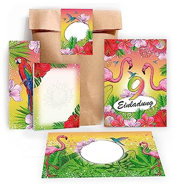 Limonia 10 Einladungskarten zum 9. Geburtstag Einladung Kindergeburtstag Mädchen Karten Flamingo Kolibri Papagei Tropen Palmen incl. 10 Umschläge, 10 Tüten, 10 Aufkleber, 10 Lesezeichen, 10 Blöcke