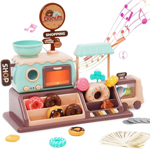 Doughnuts Shop Set Jouet avec Micro-Ondes Enfants, Pretend Role Play Donut Toy Set avec Musique, Dessert et Bonbons Jouets, Enfants Cuisine Jouets Cadeaux