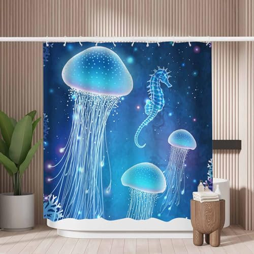 Woutay Shower Curtain Water Repellant Fabric Luminous Jellyfish and Seahorses,Mould Proof Resistant,Polyester,Size 180x180CM
