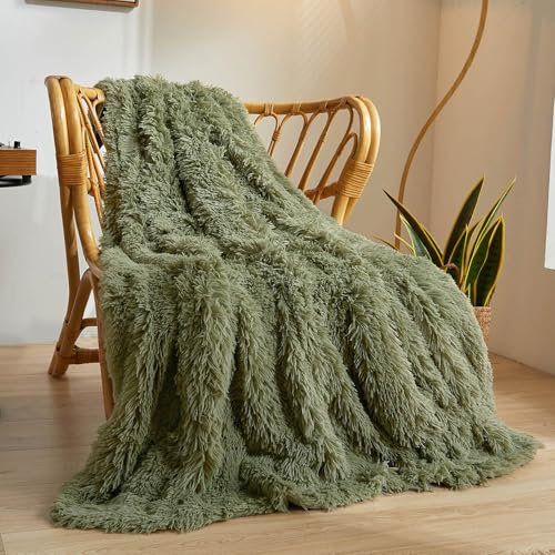 XeGe Luxuriöses Kunstfell-Decke - Weicher großer Flauschiger Wickel, struppiger Plüsch, dekorativer Couch-Wickel, zarte Bettdecke für Schlafzimmer/Wohnzimmer, Twin/Doppelbett, Salbei Grün
