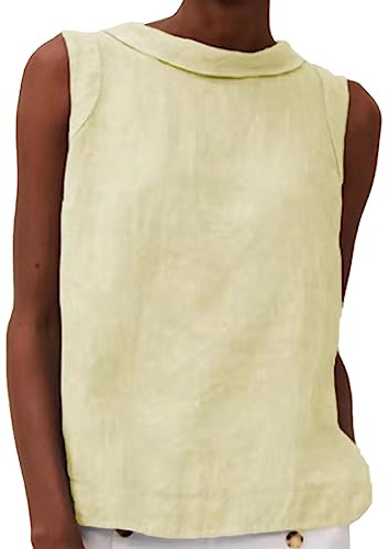Women's Cotton Linen Tank Tops High Neck Casual Cami Sleeveless Camisole Blouses Summer Basic Shirt Solid Color Crop Tops
