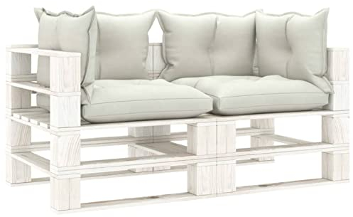 Chaduof Garten-Palettensofa 2-Sitzer mit Beigen Kissen, Palettensofa, Palettenmöbel Set, Gartensofa, Outdoor Sofa, Gartencouch, Gartenmöbel Lounge, Holz