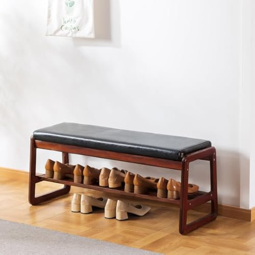 SOBIBO Solid Wood Shoe Bench, 2-Tier Wooden Storage Entryway Bench, Mid-Century Modern Shoe Bench Rack, End of Bed Bench with Faux Leather Cushion for Hallway, Living Room (Black, 100cm,39.4 inches)