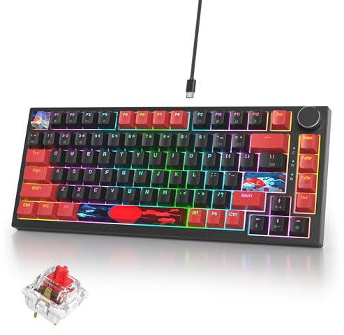 iRoboosta 75% Mechanical Gaming Keyboard with Hot Swappable RGB Backlit Custom Knob, Gasket Mount USB Wired Keyboard, 82 Red Black Linear Red Switch Keys