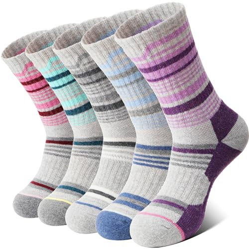 MOSEY KOSY Merino Damen Socken Thermosocken Warme Wandersocken Merinowolle Sportsocken Trekkingsocken Outdoor Arbeitssocken Wollsocken Wolle Atmungsaktiv Wintersocken 5 Paar(Bunte Streifen,M (36-42))