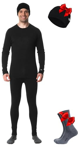 Merino.tech 100% Merino Unterwäsche Herren Set Langarm & Unterhose + Mütze | Atmungsaktive, Geruchshemmend Midweight Funktionsunterwäsche, Skiunterwäsche, Thermounterwäsche Set, Wandern, Ski, Outdoor