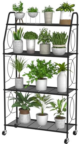 VyGrow Supporto per piante a 4 ripiani con ruote, mensola per piante per interni ed esterni, in metallo resistente, supporto per piante, per soggiorno, balcone e giardino, nero