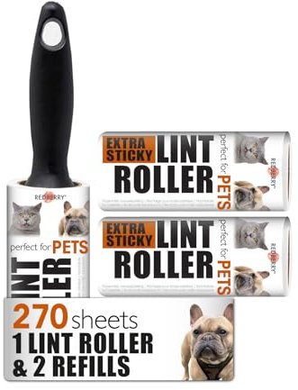 Redberry Value Rouleau Anti-Peluches et Recharge – 270 Feuilles – Rouleau adhésif pour épilation des Poils d'animaux, épilateur de Poils de Chiens, de Chats, Rouleau adhésif pour vêtements