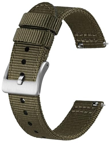 BISONSTRAP Nylon Armband für Herren, Zweiteilige Militär Uhrenarmband, Schnellverschluss, Gebürstete Schnalle, 18mm, Armeegrün (Silberne Schnalle)