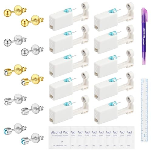 Spetsbst 10 Stück Ohrloch Stecher Set, Einweg Ohrlochpistole Steril Sicherheits Ohrringe Selber Stechen, Ohrring Stechen Piercing Set für Damen Herren Mädchen Jungen