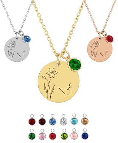 XELLENZ Personalisierte Kette mit Namen, Geburtsstein & Geburtsblume | Halskette Damen mit Gravur aus wasserfestem & farbbeständigem Edelstahl - Geschenke für Frauen in Gold, Silber & Roségold