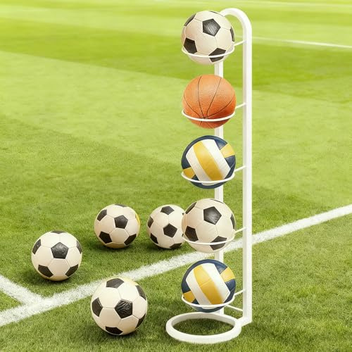 WEFHEF 5 Stufiger Ballständer, Balllagerregal Vertikale Ballregal Abnehmbare Ballaufbewahrungsregal Ballhalter aus Metall Ballhalterung Stehend Basketball Holder Ball Storage Rack (Weiß)