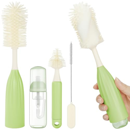 Vicloon Baby Bottle Brush Set, Press-to-foam Design for Ease of Clean, Baby Bottle Cleaner Kit with Teat & Straw Brush for Water Bottles Baby Bottles Glass Cup Thermoses Straw (Green)