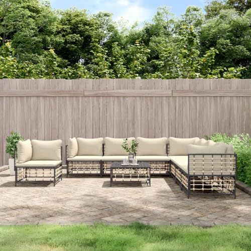 QJBSAVVA 9-TLG. Garten Lounge Set Anthrazit Poly Rattan Ecksofa mit 300x300cm Sitzecke, pulverbeschichtetem Stahlrahmen, beige Kissen, modular & platzsparend für Balkon, Terrasse und Garten