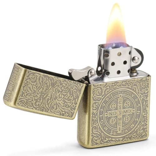 Constantine Lighter, St. Benedict Lighters Vintage Style Gold Petrol Kerosene for Collect Men, Dad Gift