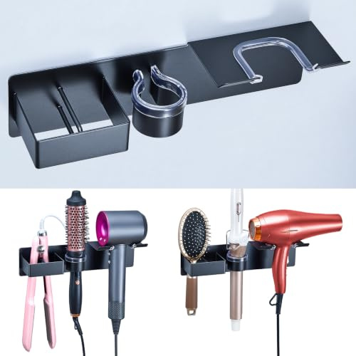 YYBO 3-in-1 Föhn Halterung für Föhn und Glätteisen & Lockenstab, Fönhalter Ohne Bohren, Föhnhalterung Bad Glätteisen Halterung Föhnhalter Wand Fönhalterung für Meisten Haartrockner (Schwarz)