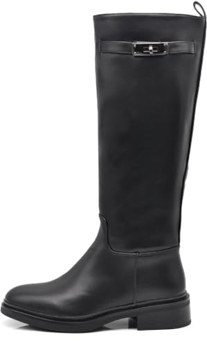 IF Stivali Alti da Donna Tipo Cavallerizza da Equitazione con Tacco Basso Decorati con Fibbia e Cinghia GA052 Nero N.36