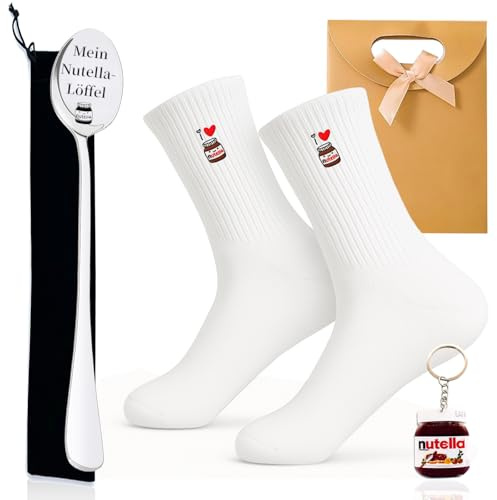 Scinzene 5 Stück Socken Geschenk set, Schokoaufstrich-Stickerei Soceken, Löffel für nutellas, Schlüsselanhänger und Beutel, Personalisierte Baumwollsocken, Geburtstagsgeschenk für Damen Herren