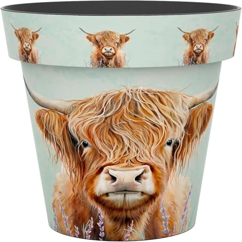 Decorative Flower Pot Indoor Outdoor - Printed Plastic Plant Pot - Wildlife Designs (Butterfly, Bee, Bird, Hedgehog) - Garden Planter for Flowers, Herbs & Houseplants (Highland Cow, 13 Litre)