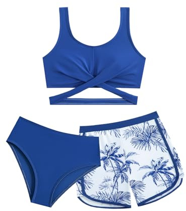 LIKCAISA Mädchen Bikini Set 3-teilig mit Badeshorts, Kreuz-Badeanzug für Teenager & Kinder, Modische Badebekleidung für Strand und Pool, 9-14 Jahre (128,134,140,146,152,158,164)