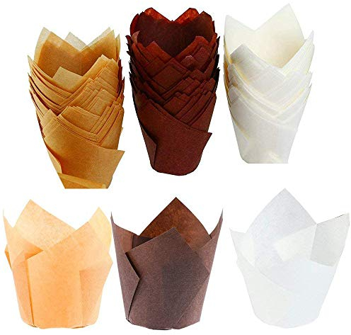 150 Stücke Tulpen Backpapier Schalen,Cupcake Muffin Zwischenlagen Wrapper, Backformen Muffin Dosen Leckerbecher für Hochzeiten, Geburtstage, Baby-Duschen,- 2,5 Zoll (braun, natürlich und weiß)