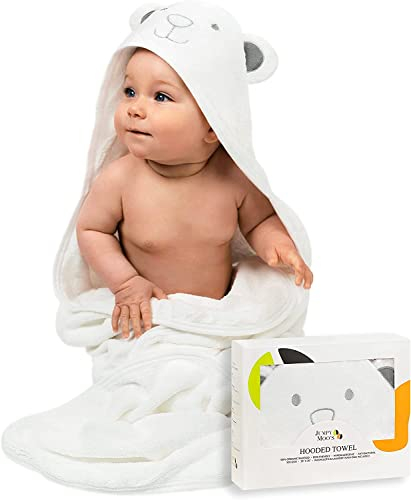 JM Bambus-Kapuzenhandtuch Baby – Premium-Baby-Starterset für Neugeborene, Baby-Starterset, Baby-Handtuchkapuze, 100% Bio-Bambus, 88,9 x 88,9 cm, Geschenkbox und Waschlappen, ultraweich, Boo Bär