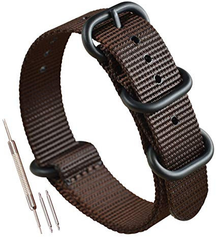 MZBUTIQ 20mm Braun Uhrenarmband Nylon Ersatz Extra Lang für Herren Matte Schwarze Schnalle 4 Ringe