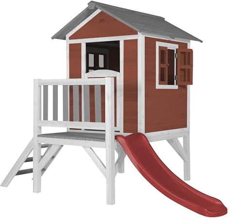 AXI Beach Lodge XL Casetta rosso con scivolo rosso | Casa per bambini su palafitte con veranda in legno FSC | Parco giochi per il giardino